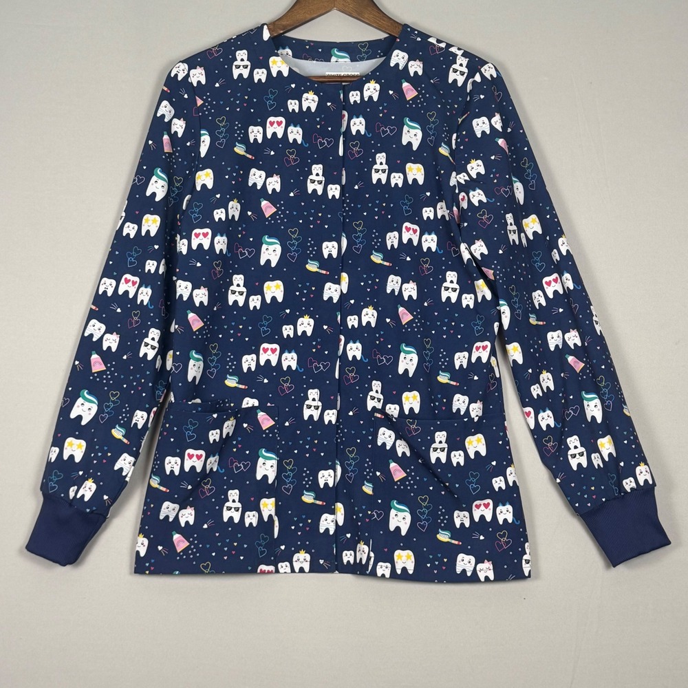 White Cross Scrub Jacket Women Small Navy Dental Tooth Print Snap Front